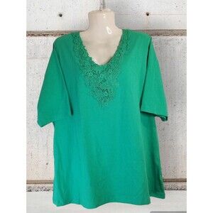 Susan Graver Women's Top  Green Crochet V-Neck Design Short Sleeve Size XL